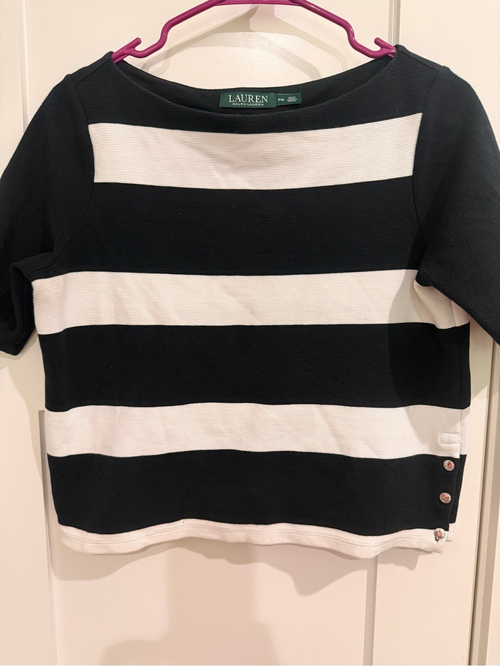 Lauren Ralph Lauren Wide-Stripe Boatneck Crop Side Button Heavy Old Money PM